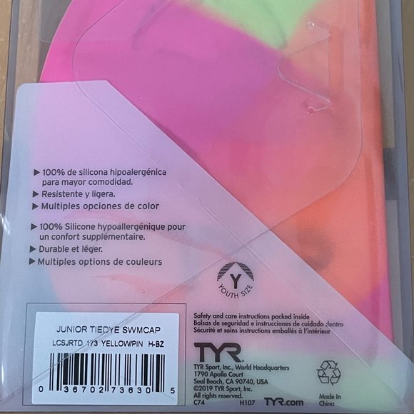 TYR Tie Dye Pink/Orange/Yellow New Silicone Swim Cap Junior Age 10+ Summertime - Picture 4 of 4